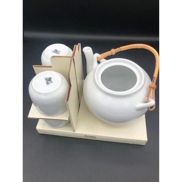 Pier One Imports White Porcelain Tea Pot Set with 4 Cups - Picture 5 of 9